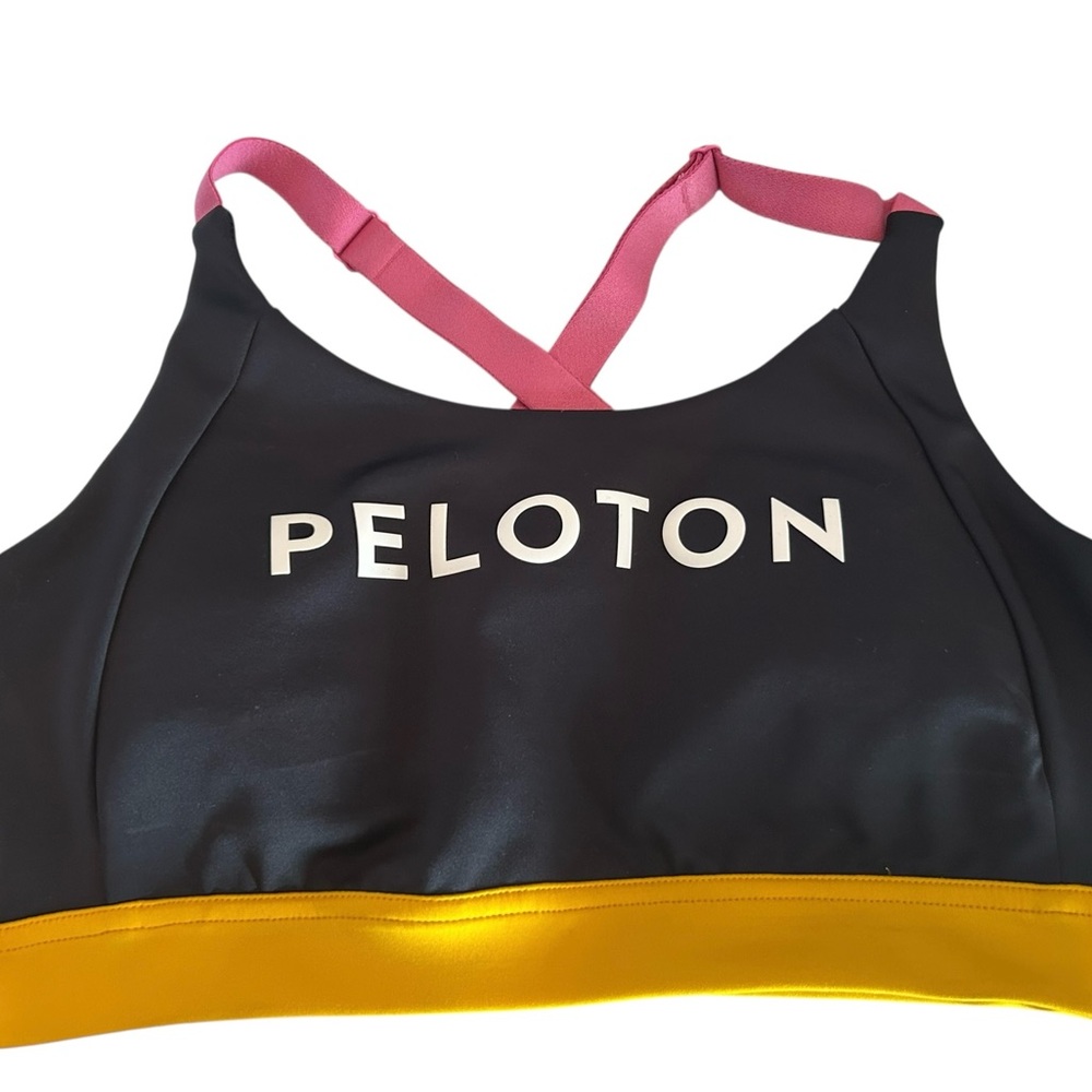 Peloton Black and Gold Sports‎ Bra with Pink Straps